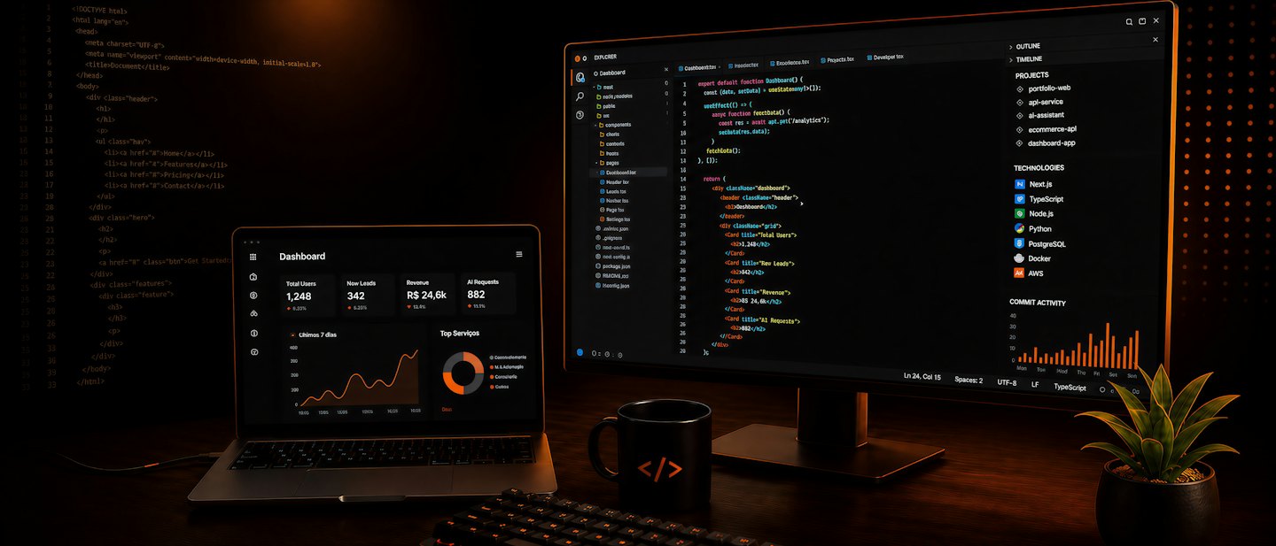 Een laptop en monitor met softwarecode en bedrijfsdashboards.